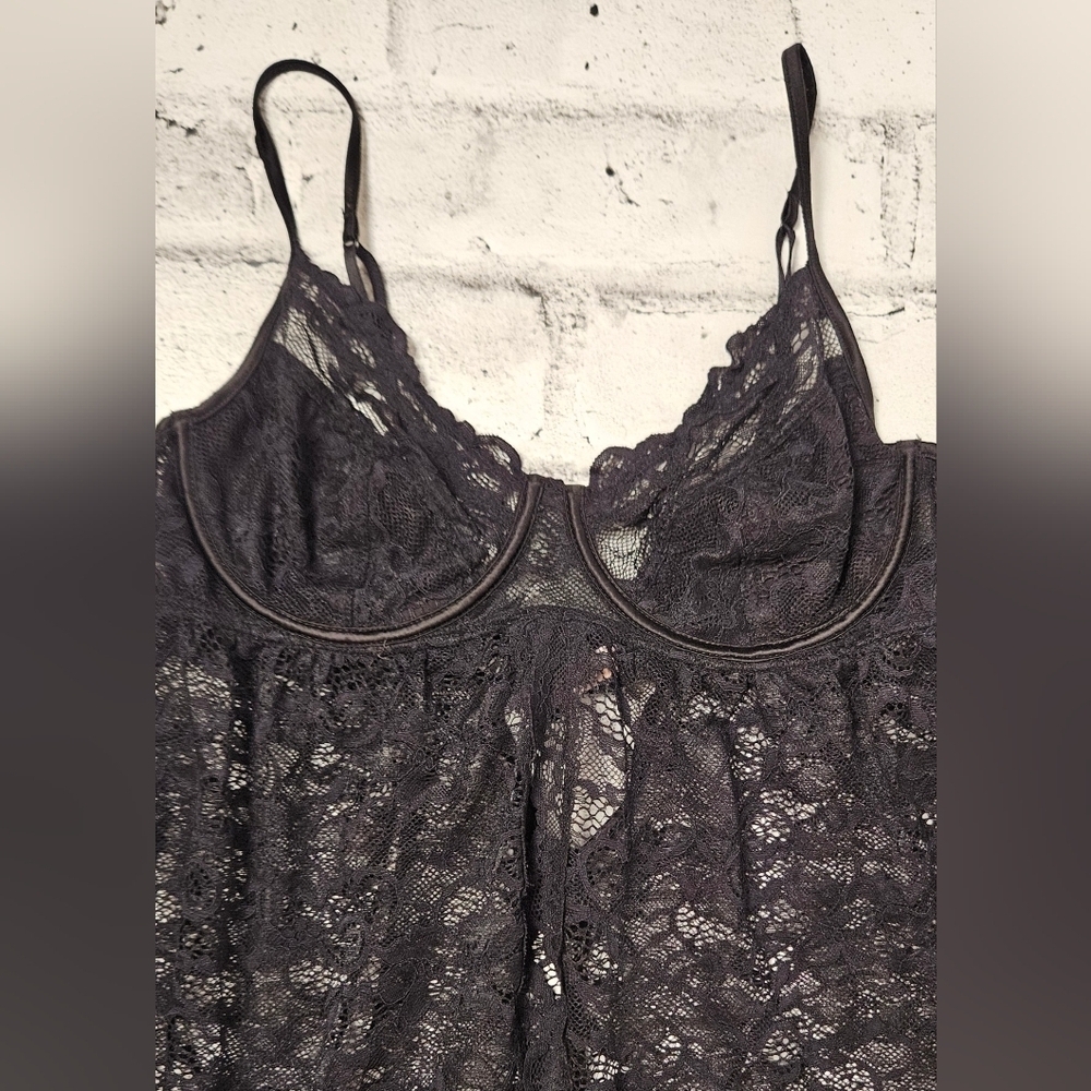 La Vie En Rose Black Lace Babydoll Chemise Womens Large Sheer Mesh - Picture 5 of 14